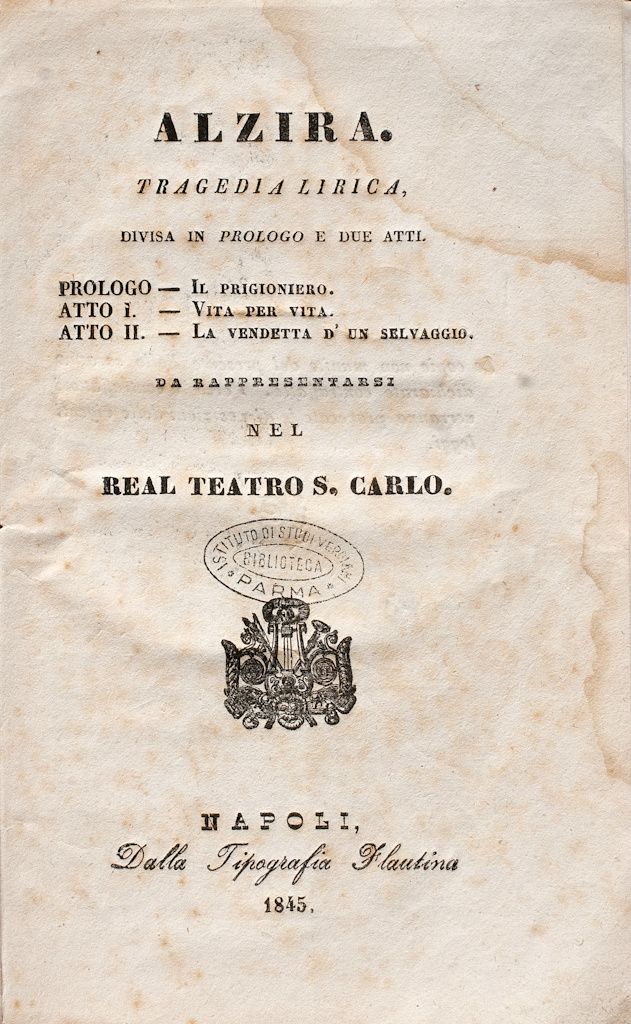 Titelblad van de wereldpremière 12 augustus 1845 Theatro San Carlo te Napels.
