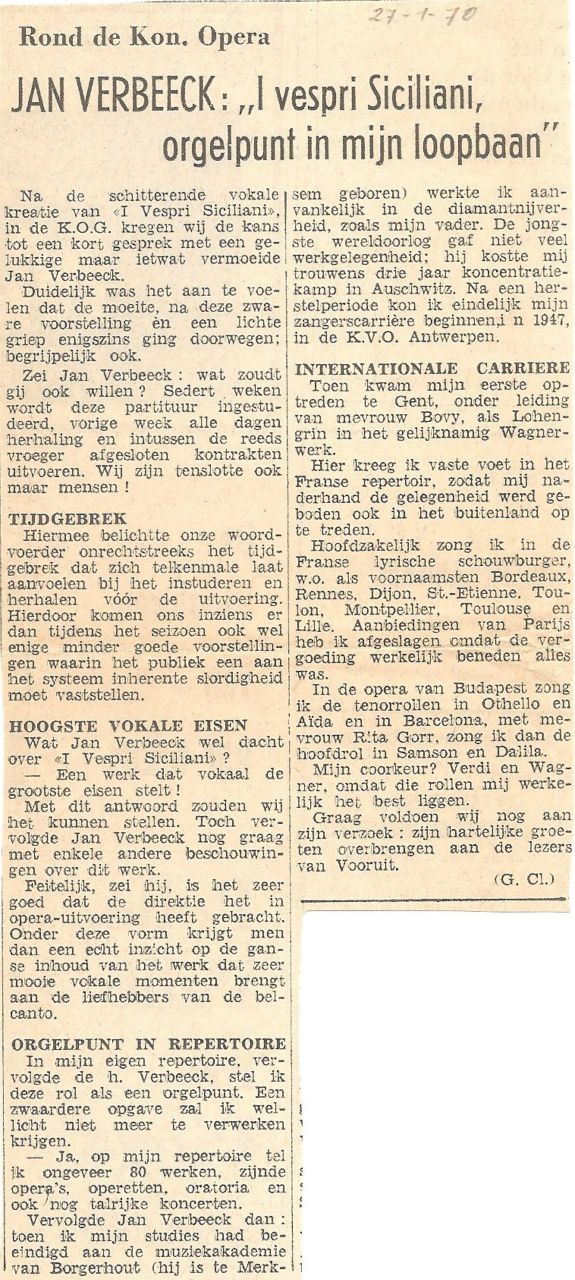 Kranten knipsel van 27/01/1970
