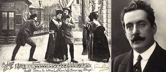 Een postkaart met een foto van de première in 1896 het kwartet uit derde akte van de opera 