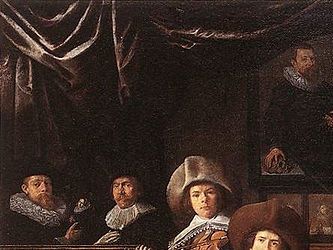 Afbeelding van een familiaal huisconcert uit de tijd van Monteverdi (1603) let ook op de historische instrumenten  