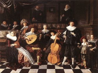Afbeelding van een familiaal huisconcert uit de tijd van Monteverdi (1603) let ook op de historische instrumenten  