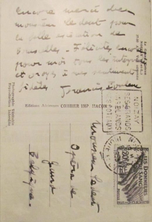 Felicitaties van de componist Poulenc, voor de dirigent Robert Ledant, die de gastvoorstelling aan de Munt had bijgewoond.
Francis Poulenc schreef aan de dirigent Ledent het volgende:
Nogmaals bedankt meneer Ledent voor de mooie creatie in Brussel, ook mijn oprechte gelukwensen aan alle vertolkers en het koor.