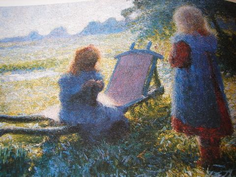 Een werk van Raymond De La Haye: twee meisjes in een bloemenveld.